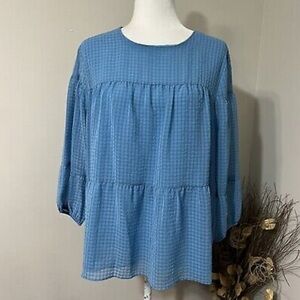 Calvin Klein Women's Blue Textured Chiffon 3/4 Sleeve Blouse Top Size M